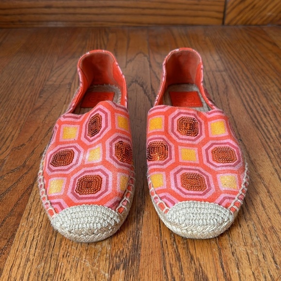 Tory Burch Cecily Pink Orange Sequins Embellished Flat Espadrille Shoes - Picture 4 of 9